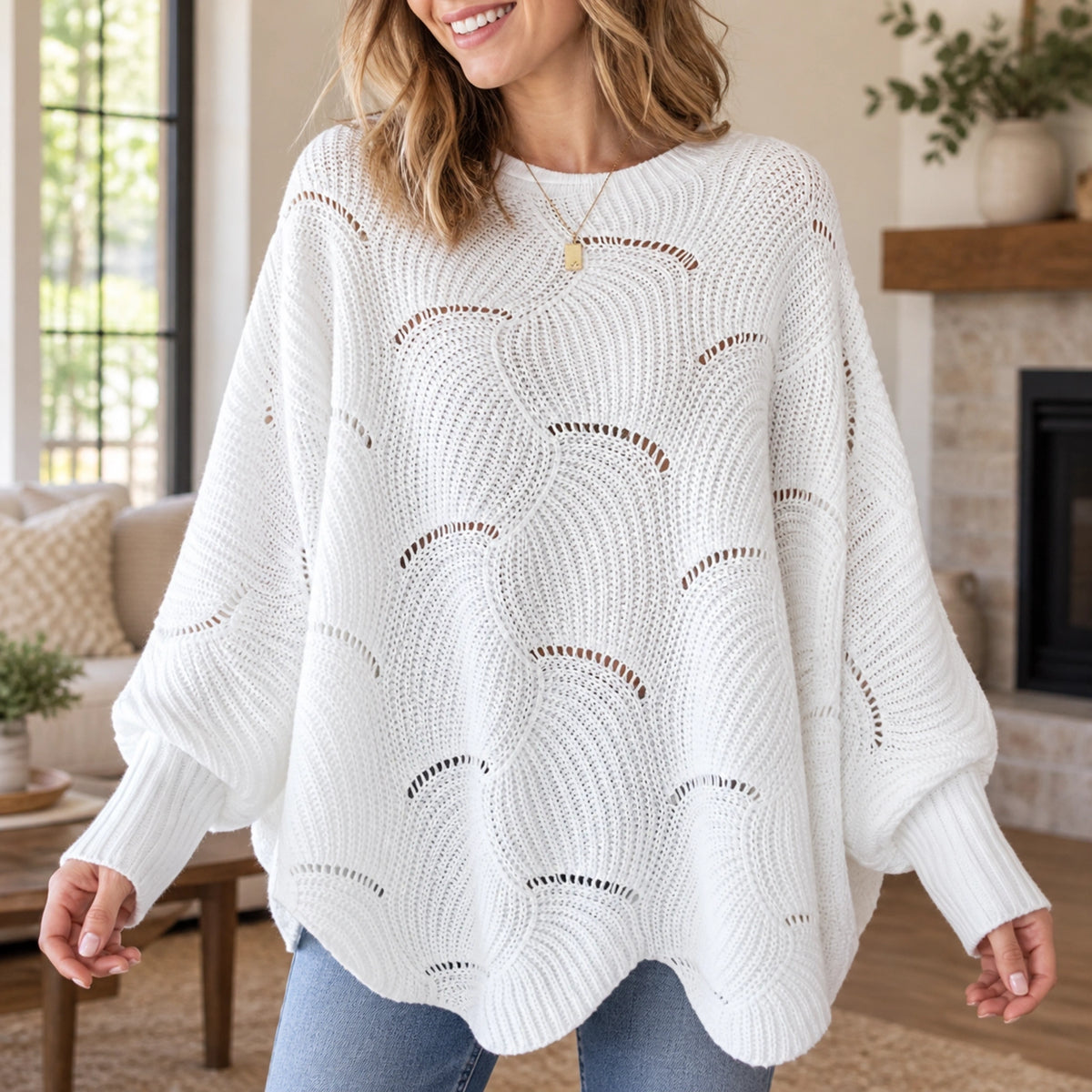 fall sweater — Violet Scalloped Pointelle Oversized Sweater White construction detail worn by an adult model in a — view 8
