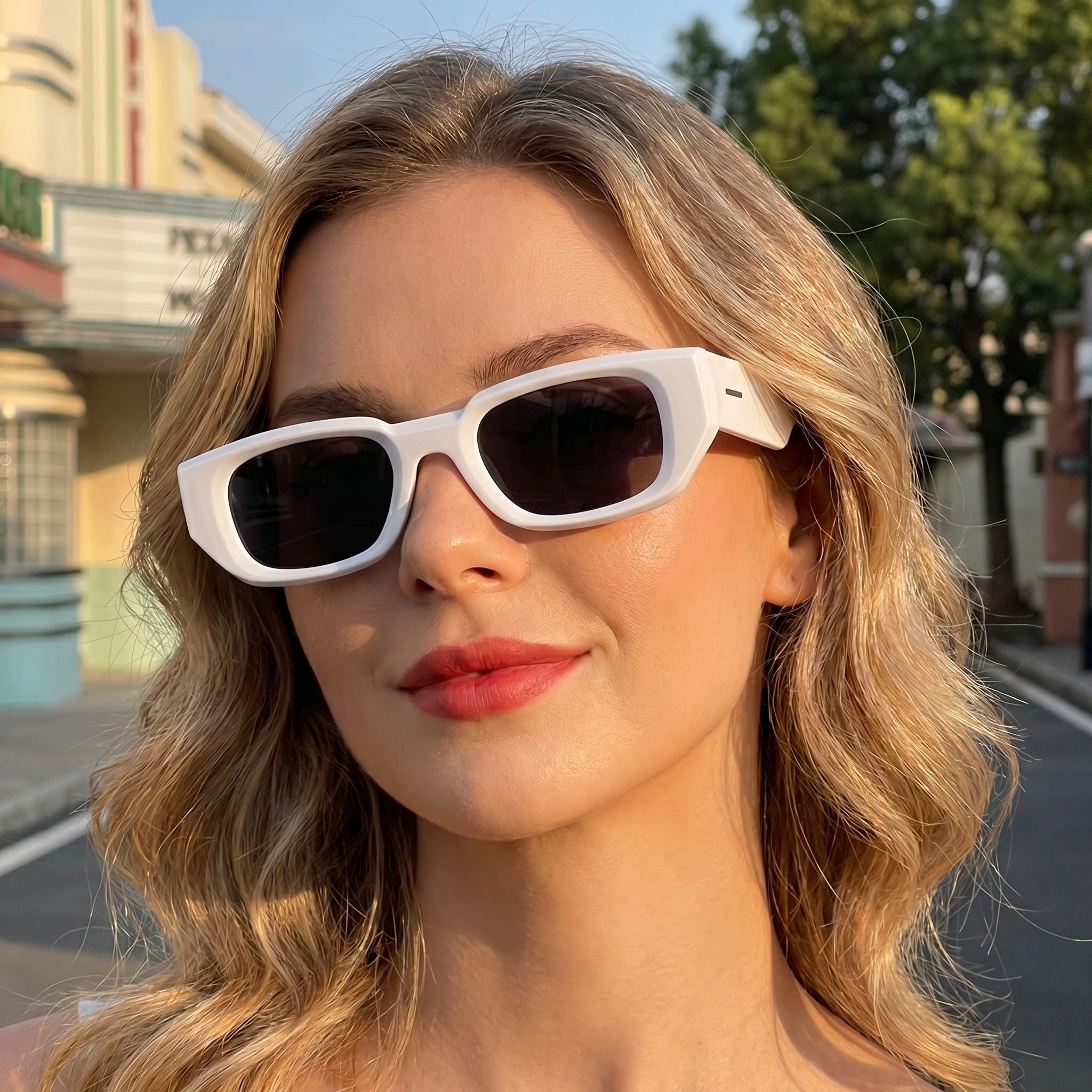 Close up view of the Womens Retro Oversized Sunglasses showing intricate detailing and frame against a soft, blurred background.