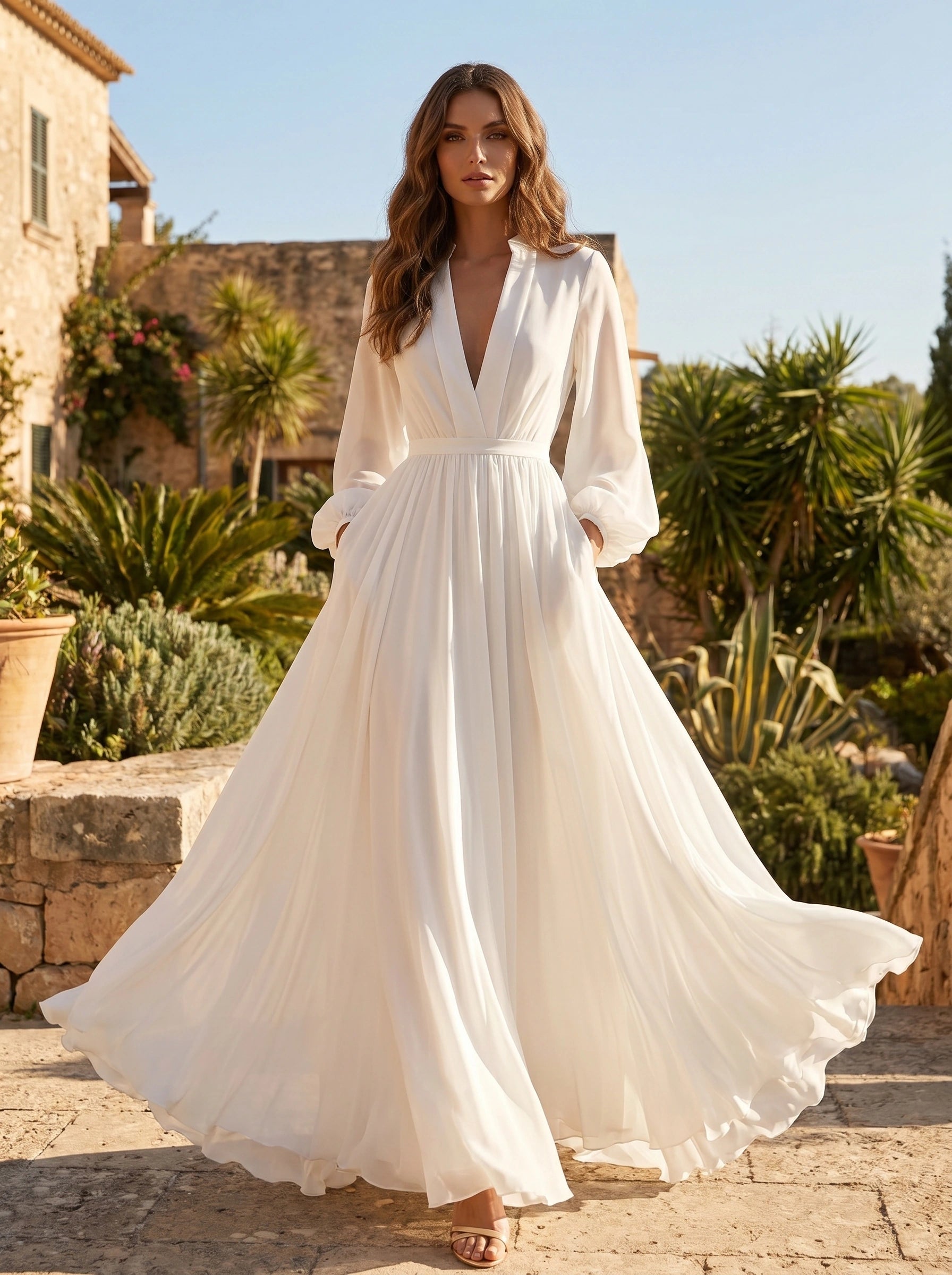 A model showcases the Womens Flowing Maxi Dress in a soft pastel hue, showing a high waisted silhouette and flowing skirt against a neutral backdrop.