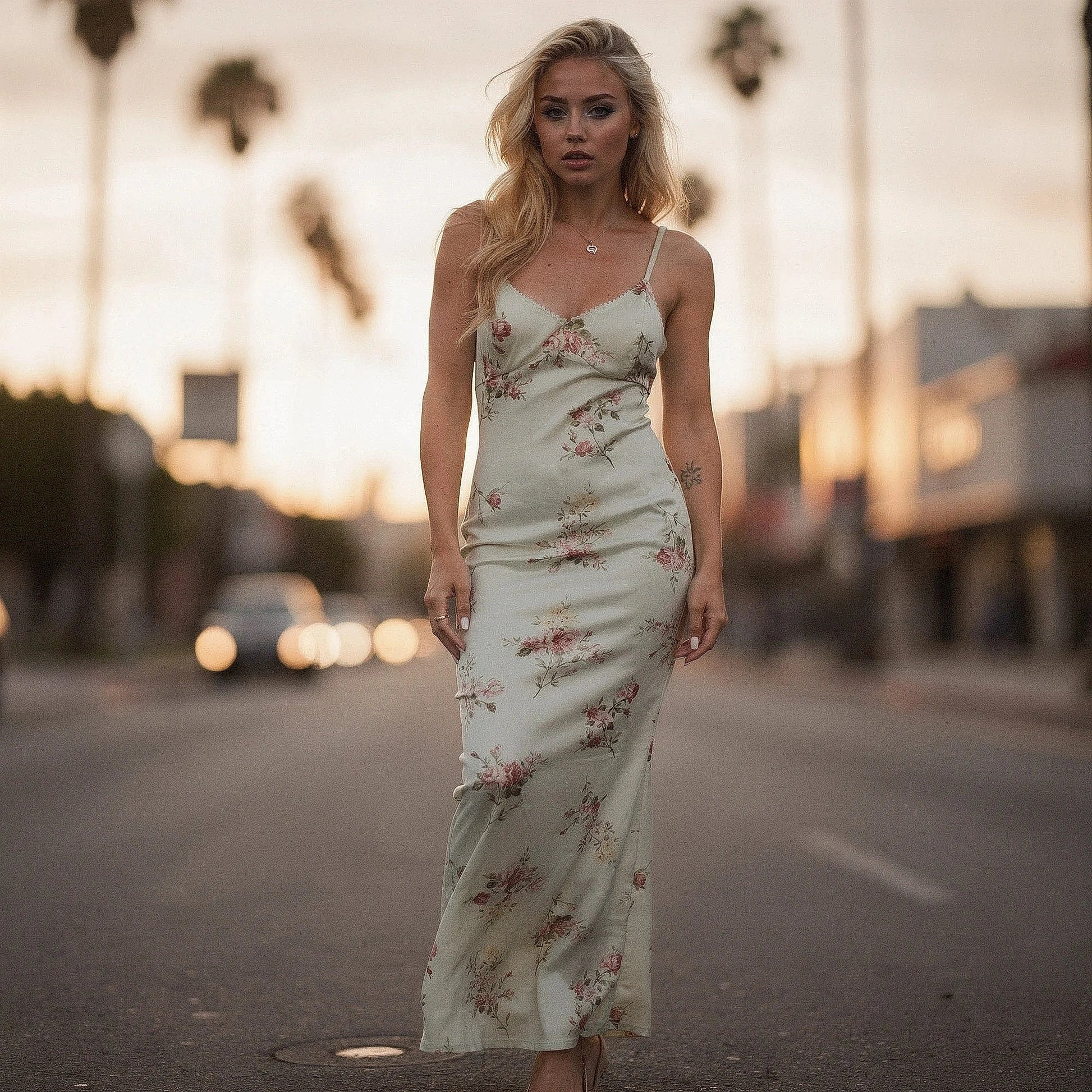 View of a floral print bodycon maxi dress featuring a fitted silhouette, vibrant colors, and soft fabric