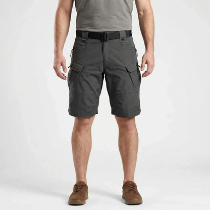 View of durable practical cargo shorts in khaki, featuring multiple pockets and a classic fit, showcasing the fabric texture