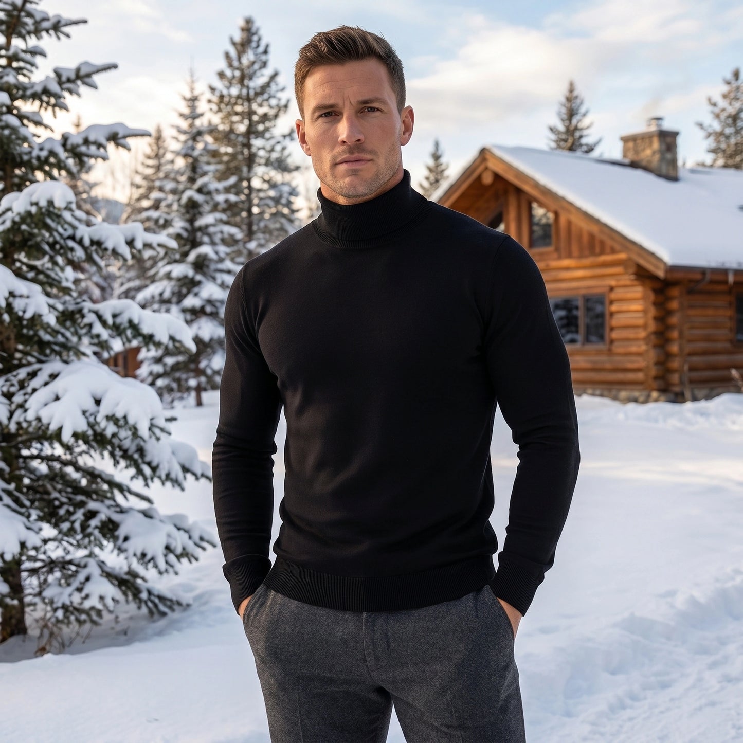 A model showcases the men's sleek fitted winter sweater in a rich navy color, styled with tailored trousers against a minimalist backdrop.