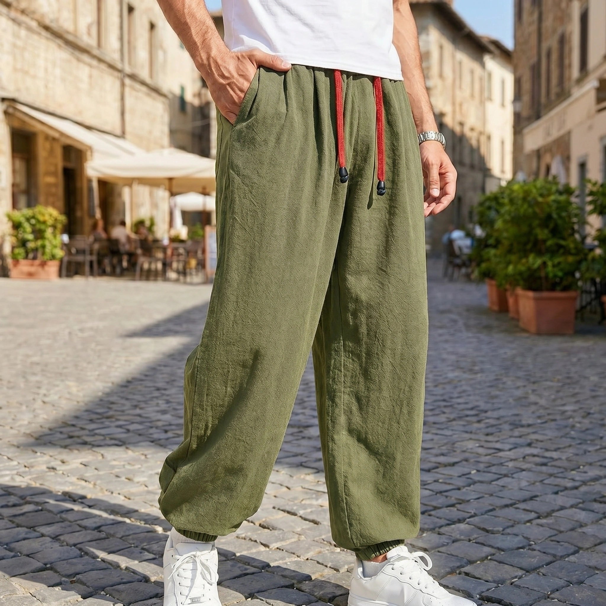 Close up view of the soft linen fabric and precise stitching of the Men's Relaxed Cozy Spring Linen Pants, showing their quality and casual elegance.
