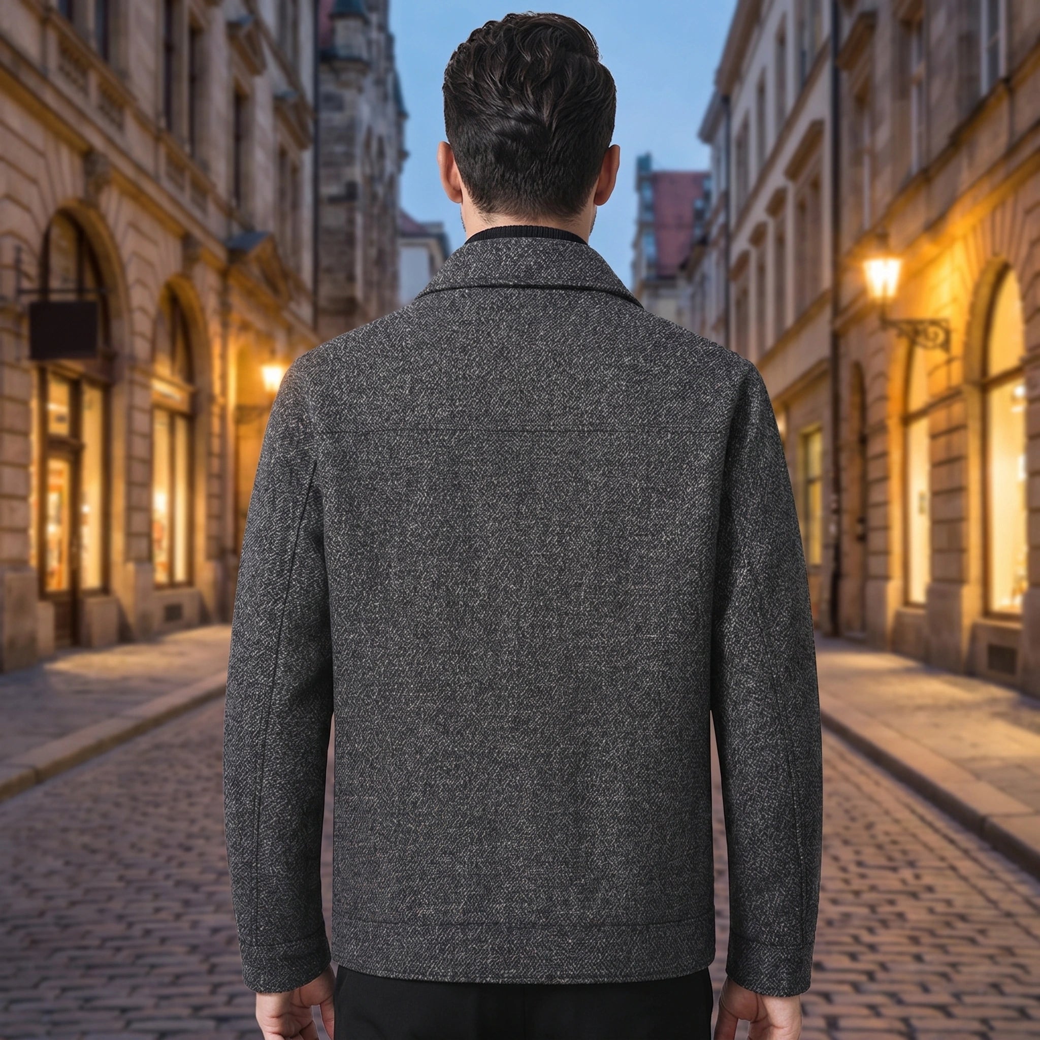 Close up of the Mens Sophisticated Warm Jacket showing the rich fabric texture, precise stitching, and design elements against a neutral background.
