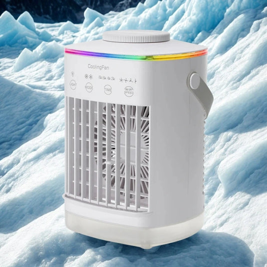 View showcasing the compact design and LED night light of the mini air cooler, highlighting its sleek ventilation and controls