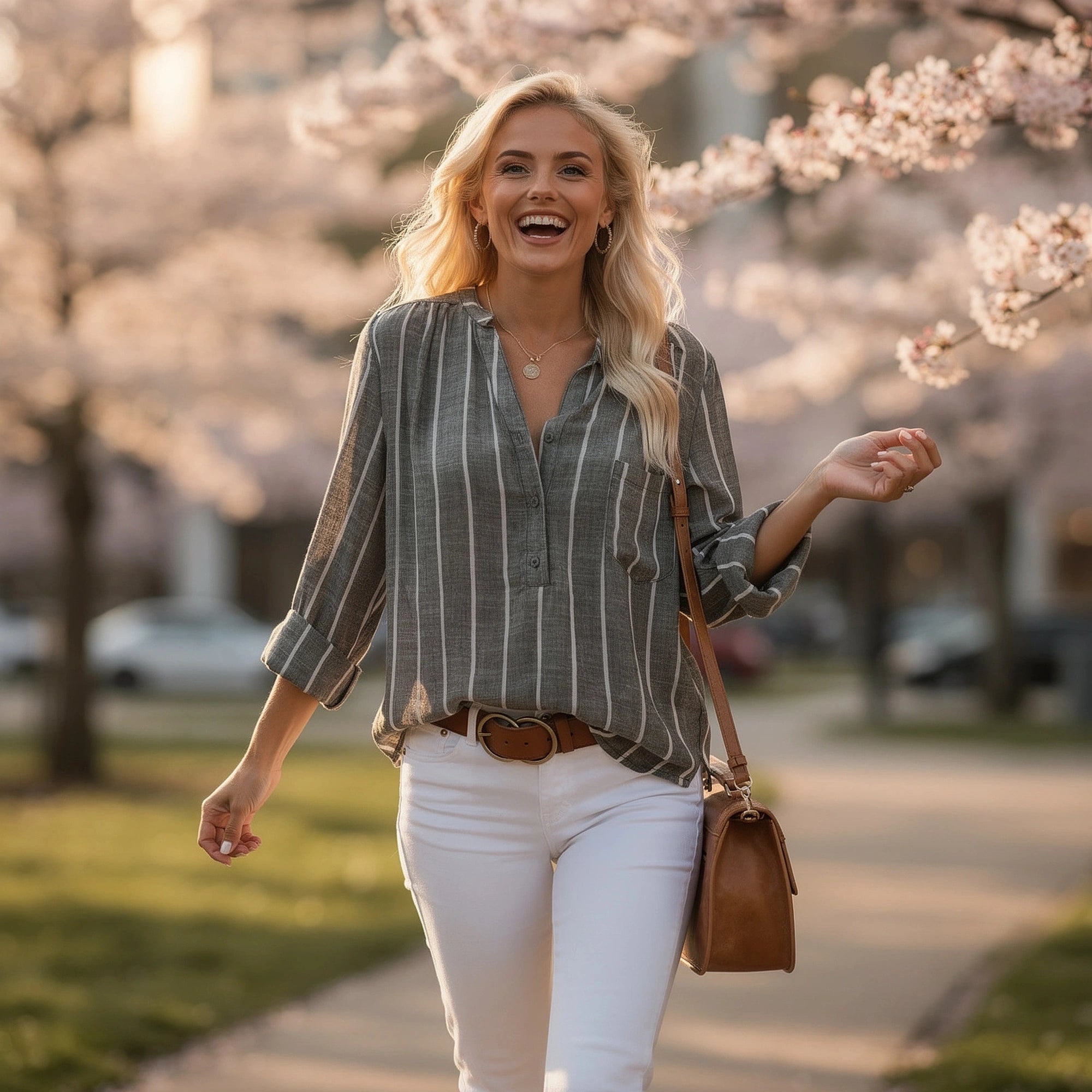View of a relaxed striped blouse featuring soft fabric, light blue and white stripes, and a loose fit