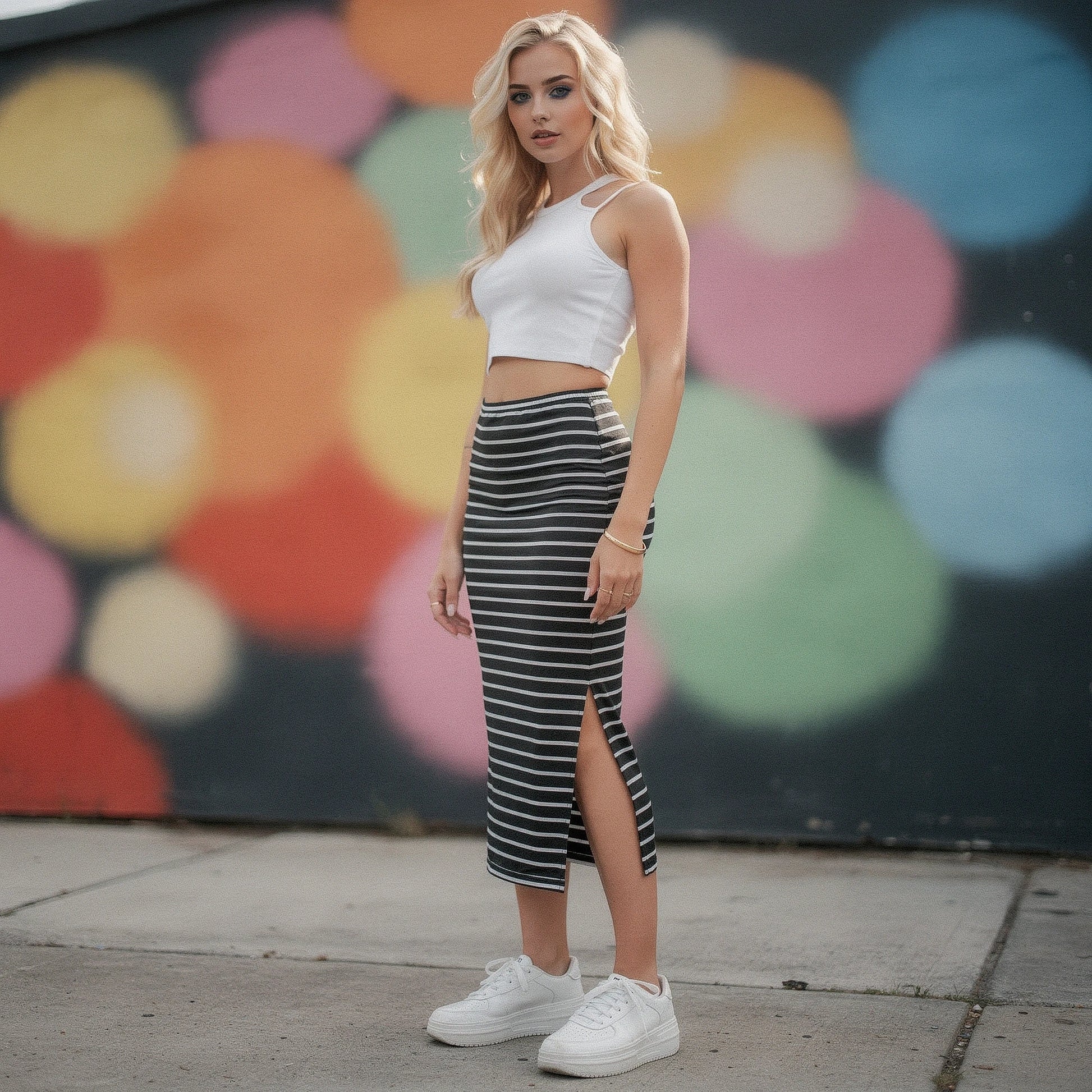 View of a chic, flattering midi skirt in a soft, flowing fabric with a subtle floral pattern and a comfortable waistband