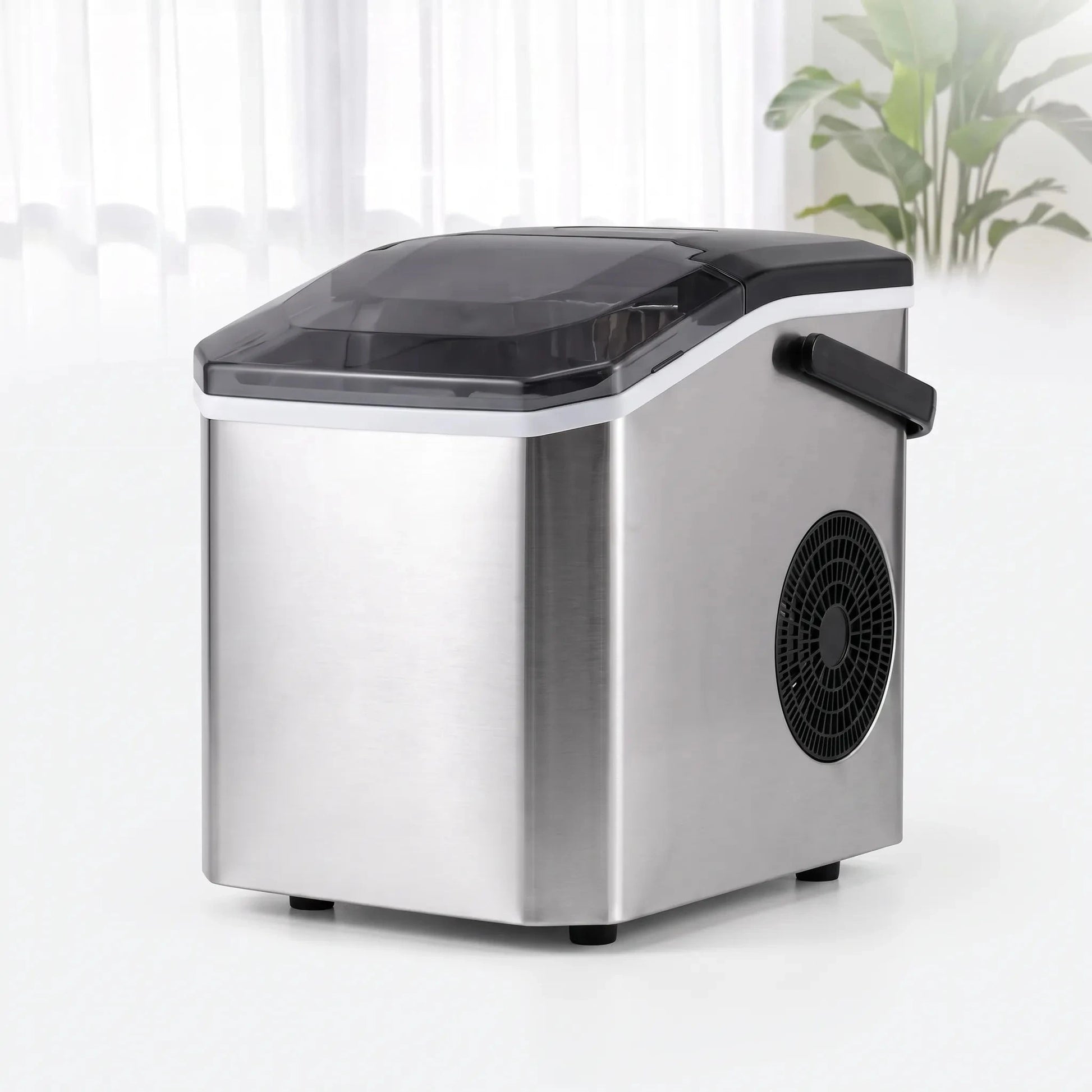 View showcasing the sleek design and user friendly control panel of the portable ice maker