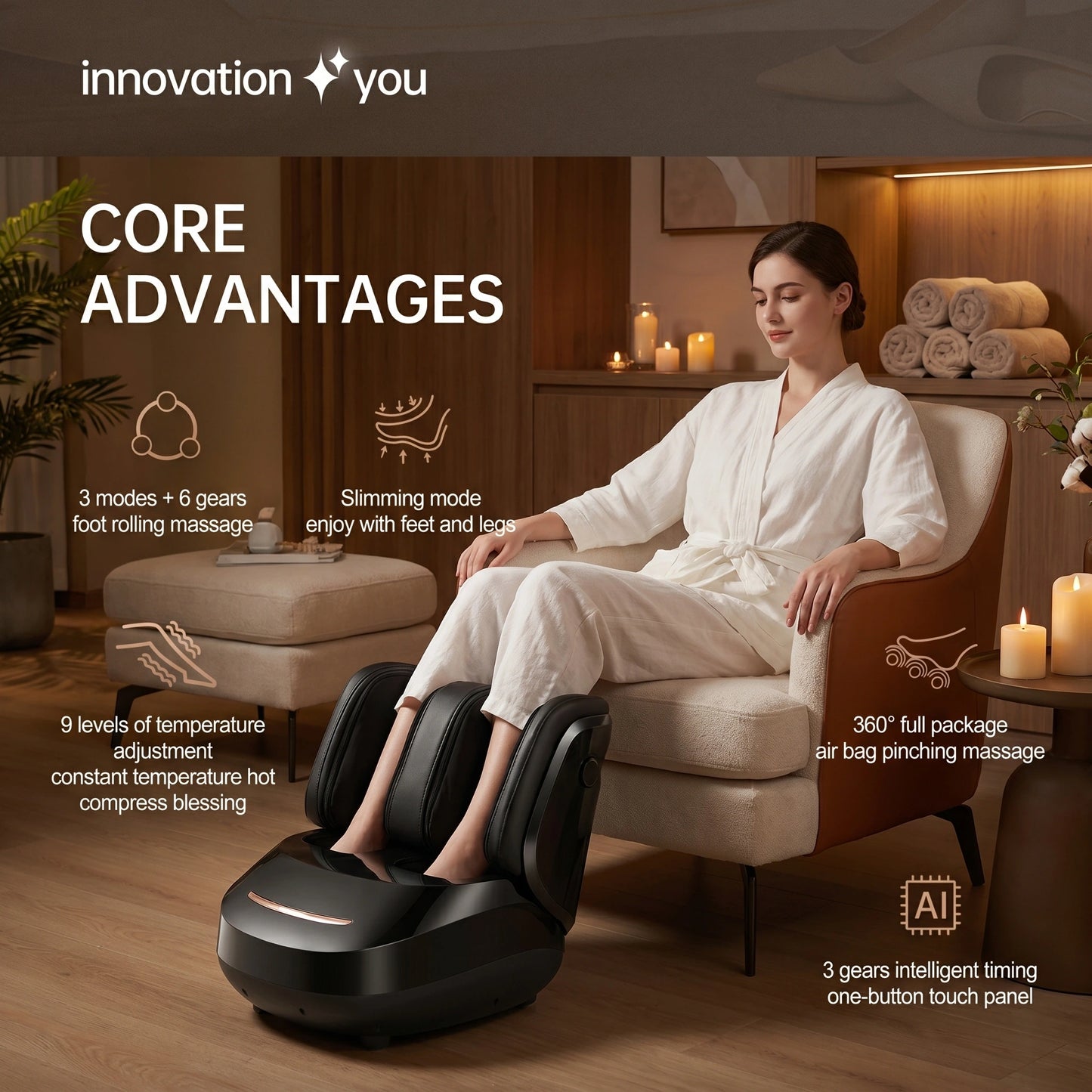 Close up view of the ZephyrNest Heated Electric Foot Massager, showing its soft fabric, intricate stitching, and ergonomic design for maximum comfort.