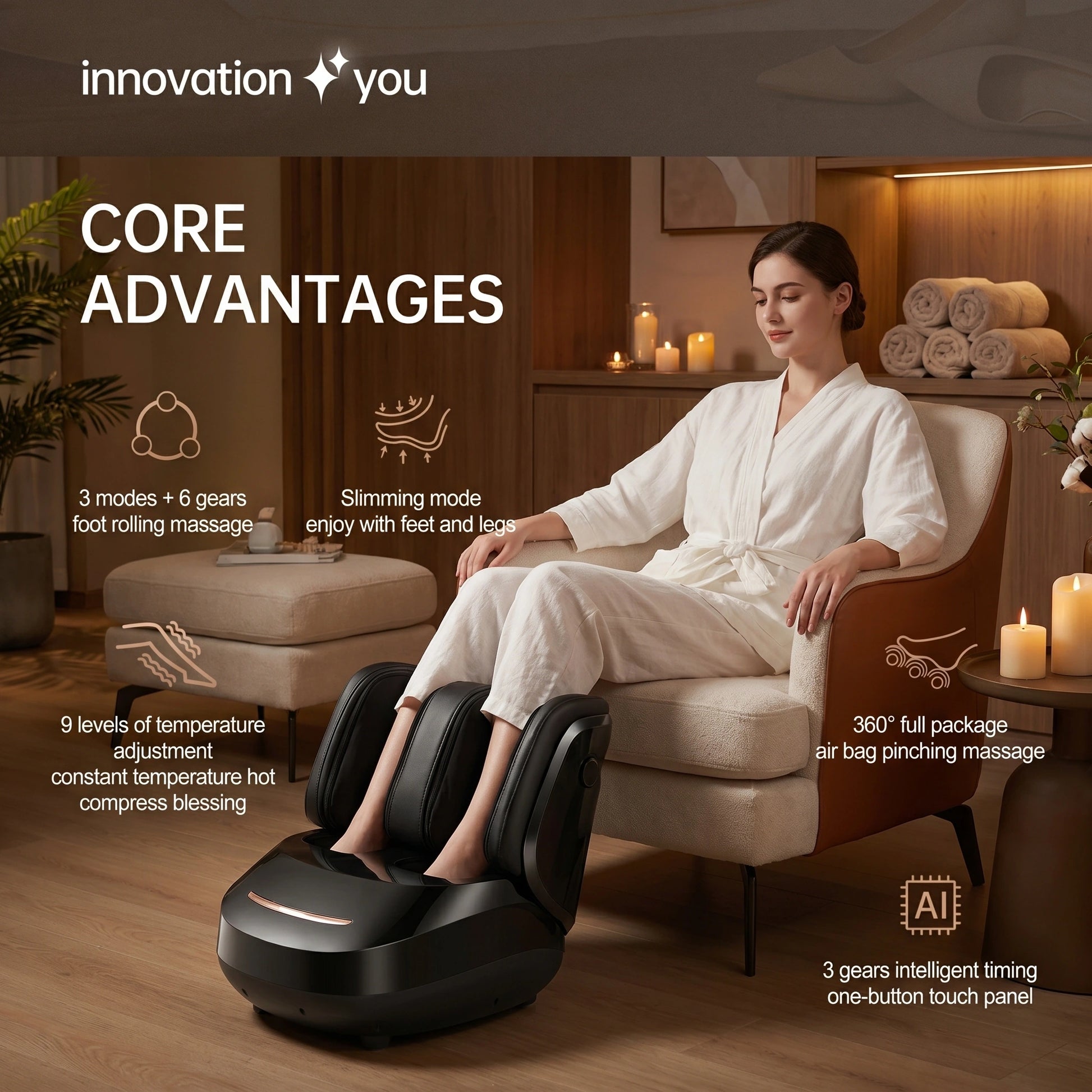 Close up view of the ZephyrNest Heated Electric Foot Massager, showing its soft fabric, intricate stitching, and ergonomic design for maximum comfort.