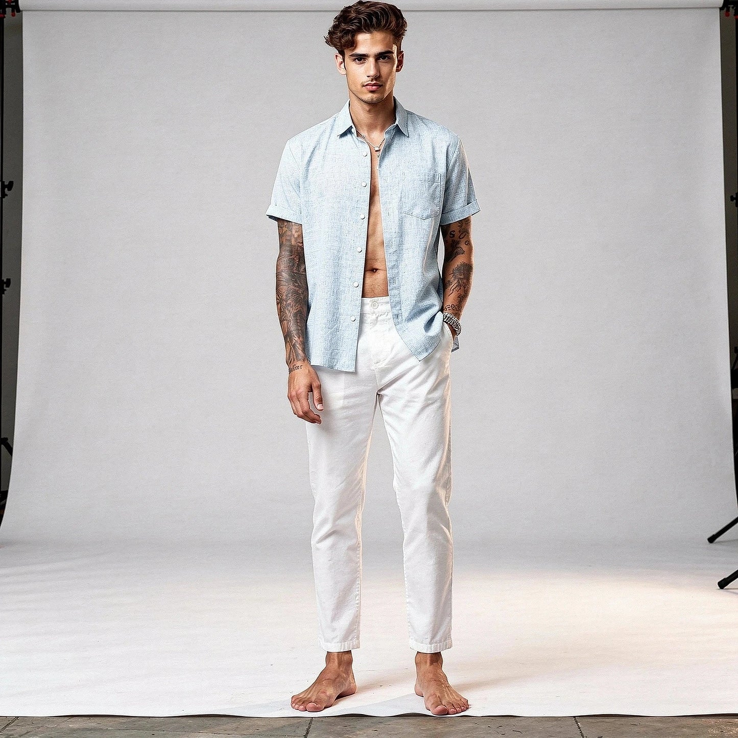 Light blue relaxed fit short sleeve shirt made of soft cotton, featuring a classic collar and view