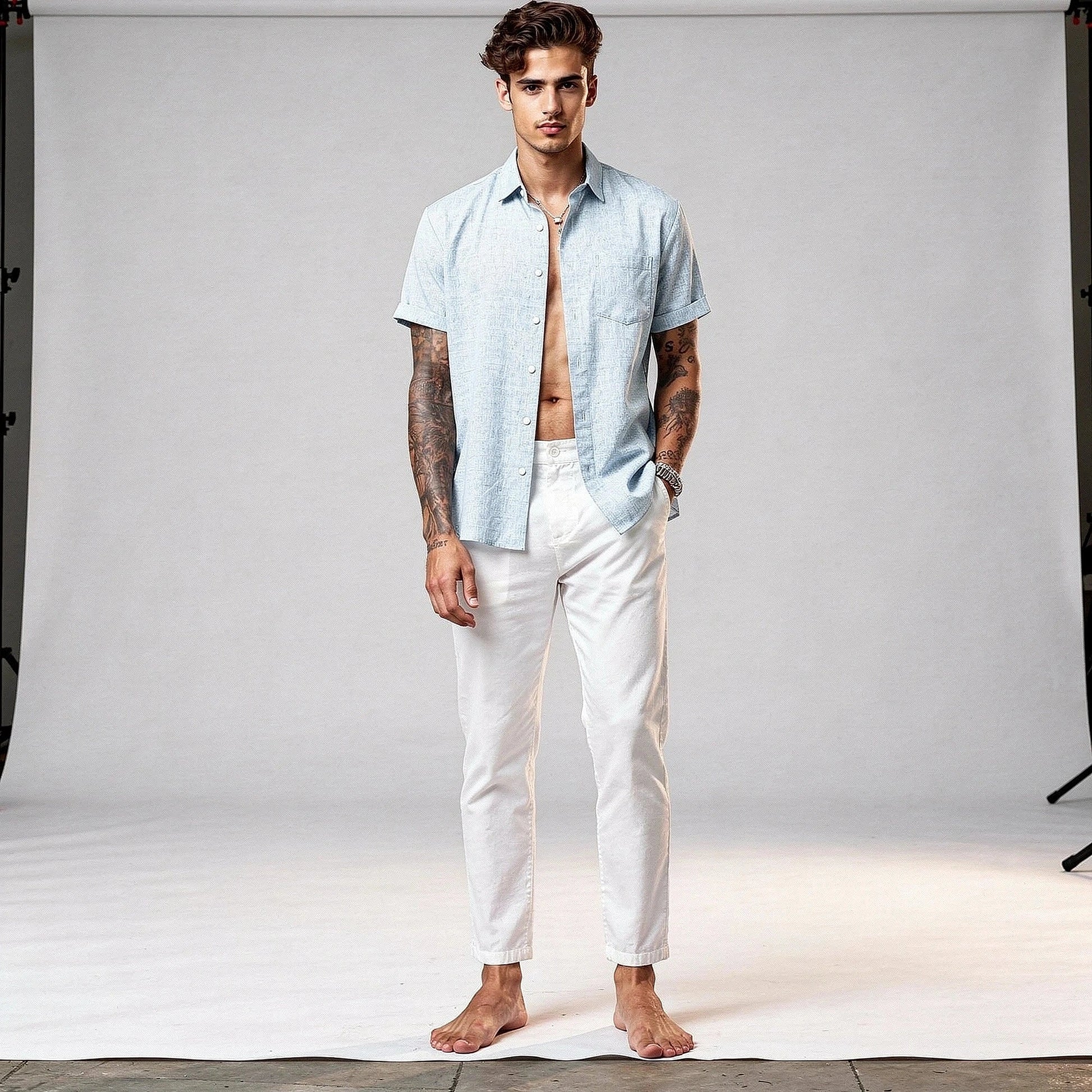 Light blue relaxed fit short sleeve shirt made of soft cotton, featuring a classic collar and view