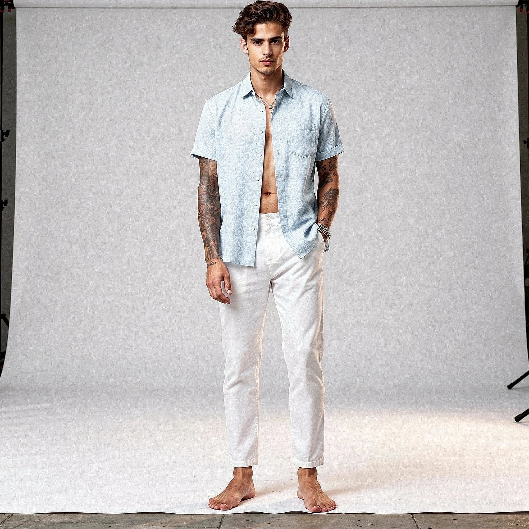 Light blue relaxed fit short sleeve shirt made of soft cotton, featuring a classic collar and view