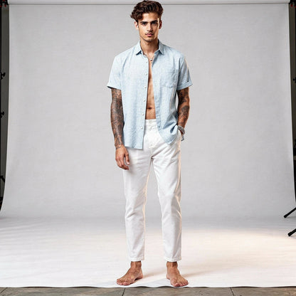 Light blue relaxed fit short sleeve shirt made of soft cotton, featuring a classic collar and view