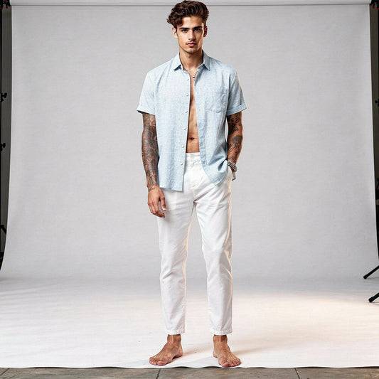 Light blue relaxed fit short sleeve shirt made of soft cotton, featuring a classic collar and view