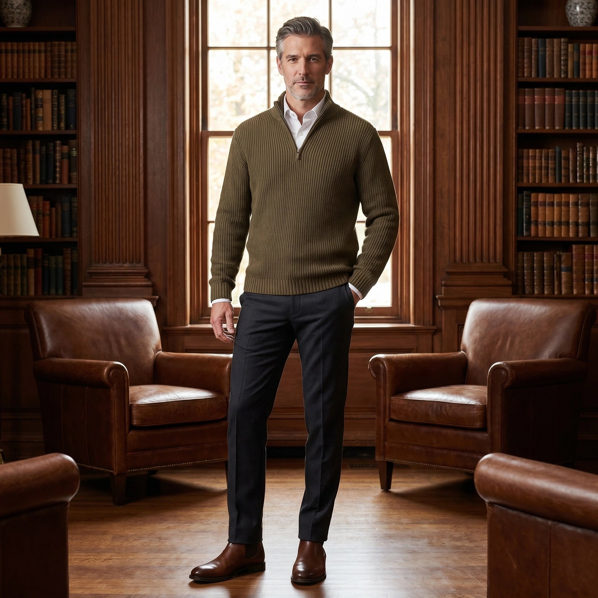 Close up view of the Mens Refined Quarter Zip Sweater showing its luxurious fabric texture and precise stitching details against a neutral background.