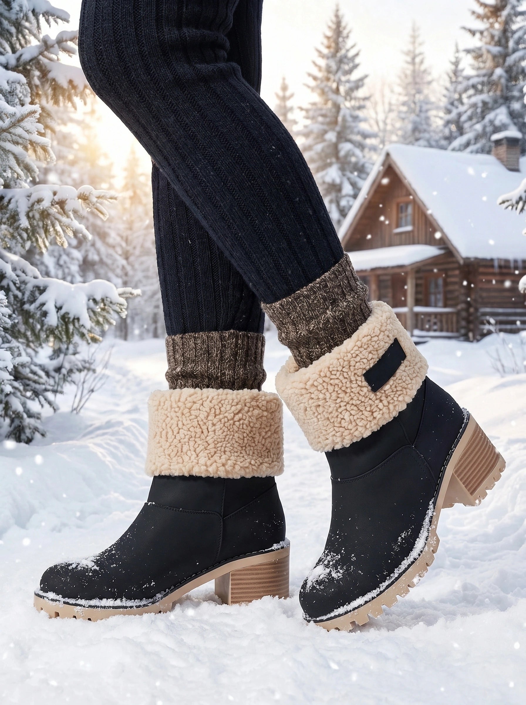Close up view of the Women's Cuffed Ankle Boots showing soft sherpa accents and detailed stitching against a neutral background.