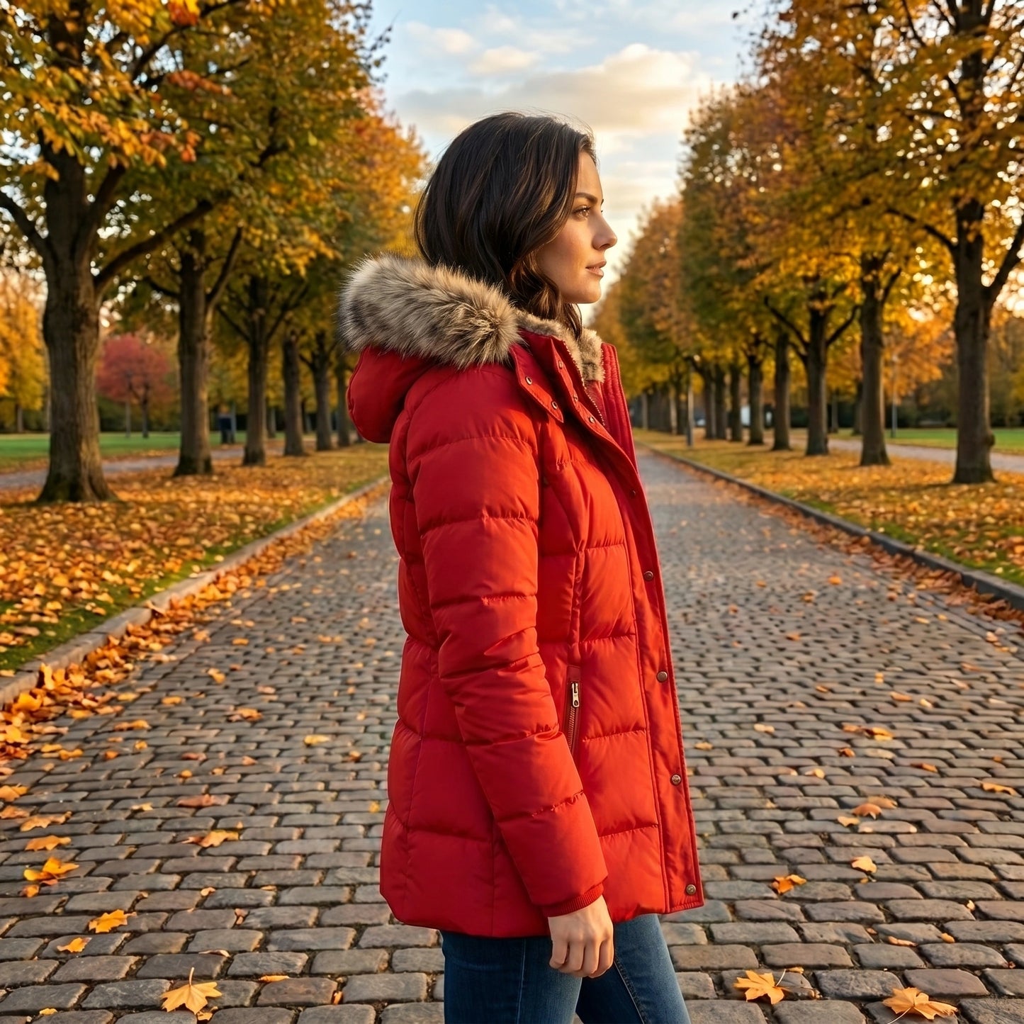 Close up view of the Womens Fitted Winter Puffer Jacket showing its sleek fabric texture, intricate stitching, and modern design details against a neutral background.