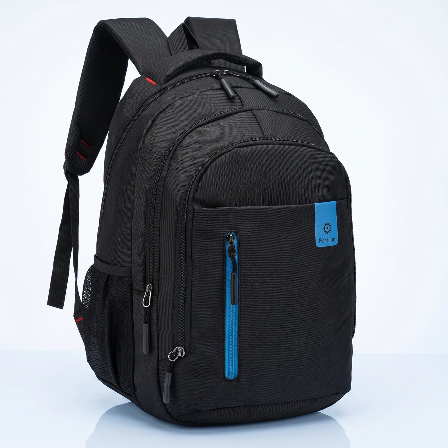 Close up view of the Men's Waterproof School Backpack showing the high quality Oxford fabric, meticulous stitching, and design elements against a neutral background.