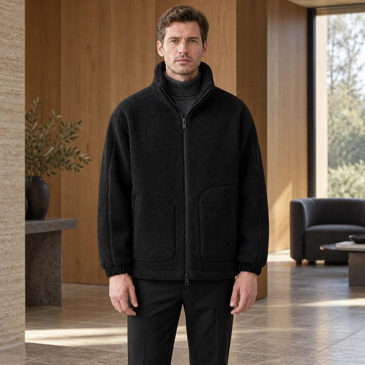 Alexander Black high collar fleece jacket complete front view worn by an adult model