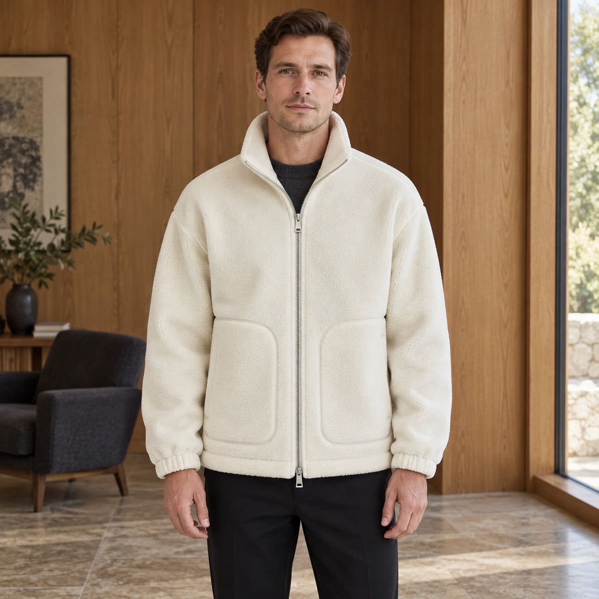 Alexander Beige high collar fleece jacket complete front view worn by an adult model — view 2
