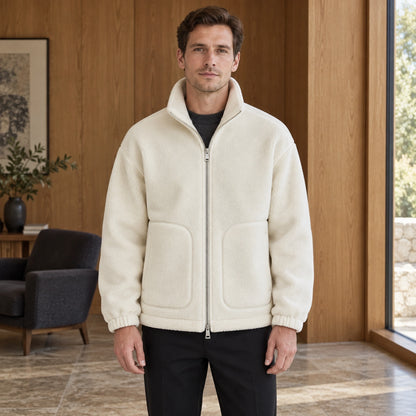 Alexander Beige high collar fleece jacket complete front view worn by an adult model — view 2