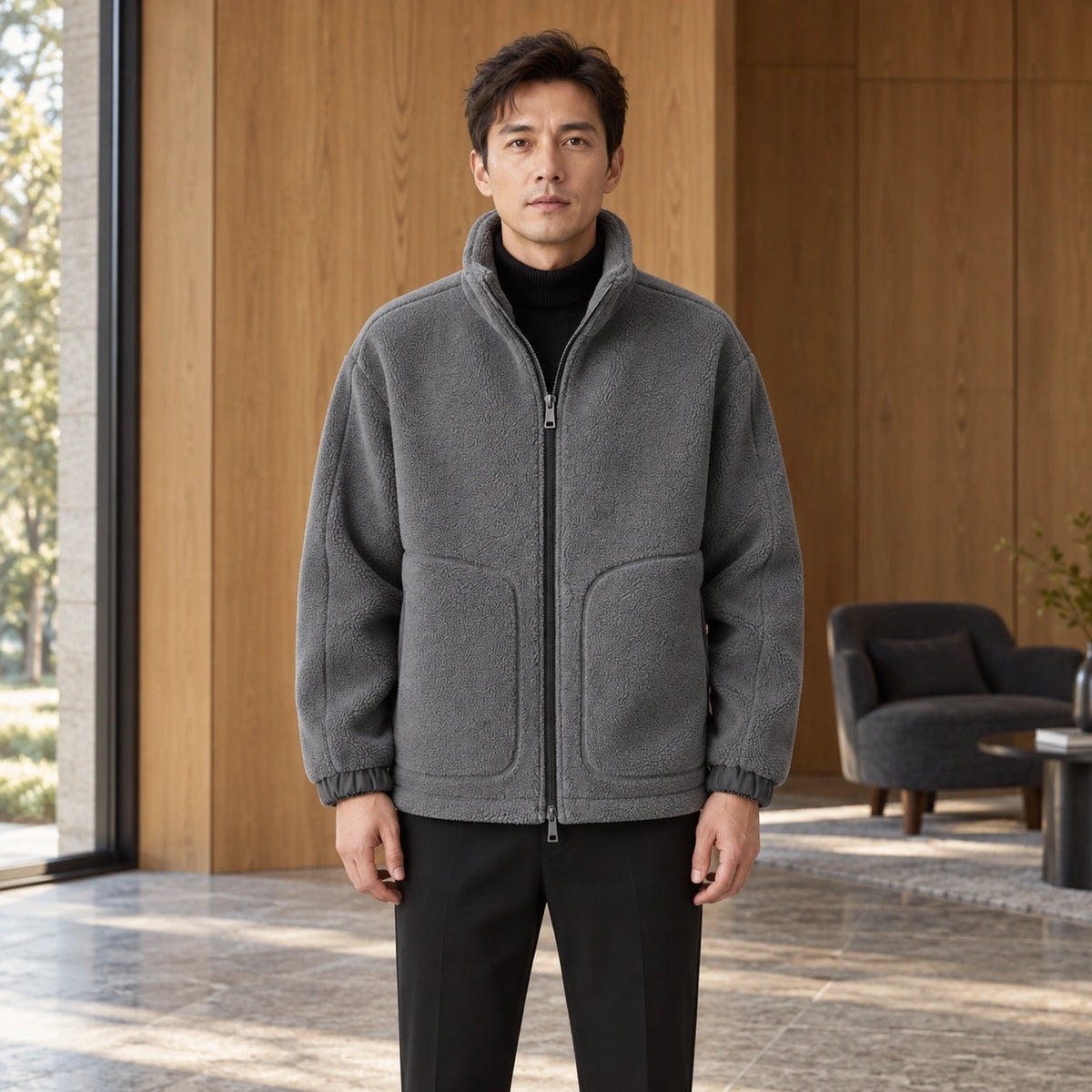 Alexander Gray high collar fleece jacket complete front view worn by an adult model — view 3