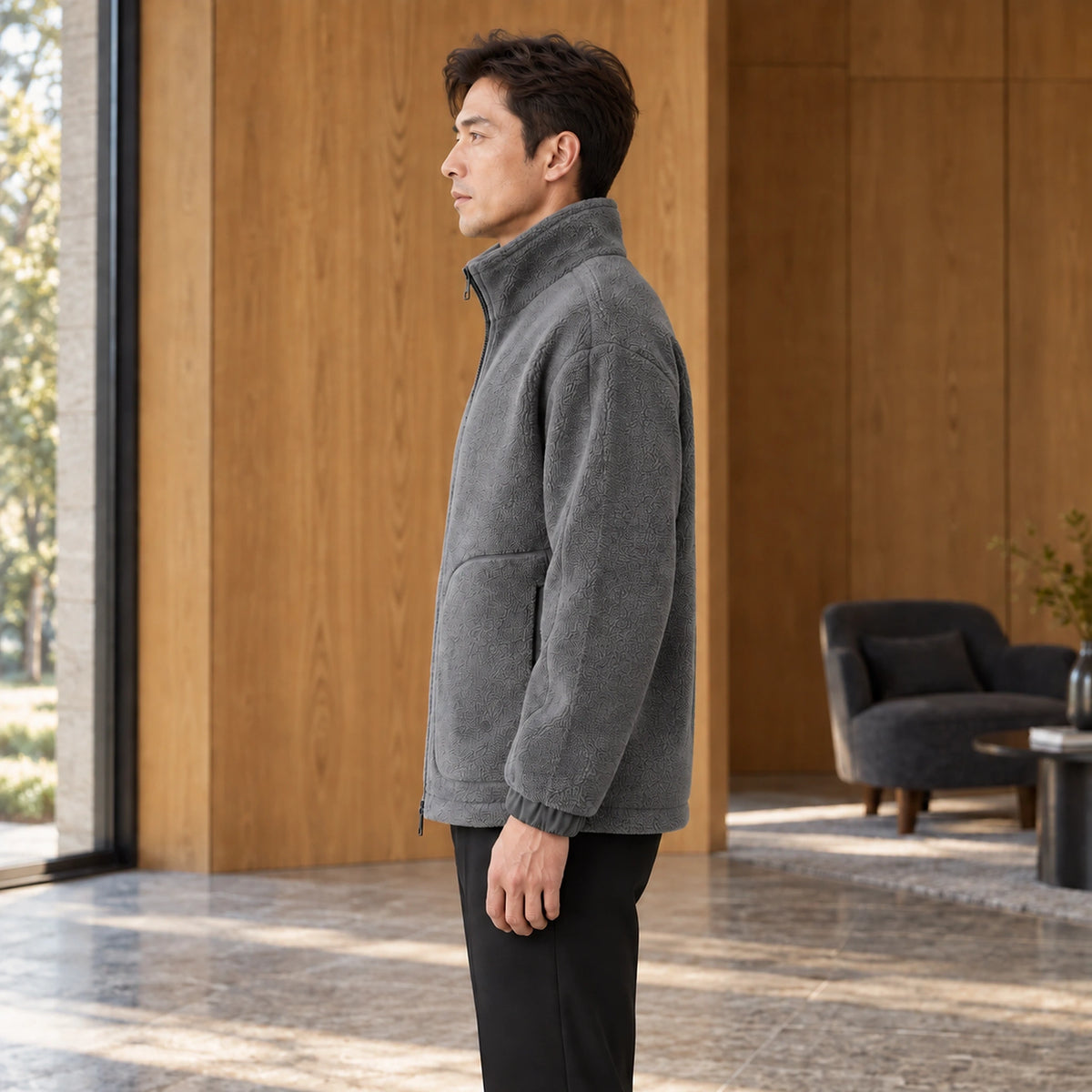 Alexander Gray fleece jacket full side view worn by a model — view 4