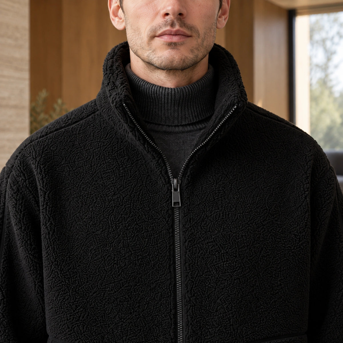 Alexander Black fleece jacket stand collar and zipper detail while worn — view 5