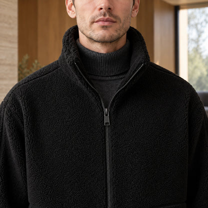 Alexander Black fleece jacket stand collar and zipper detail while worn — view 5