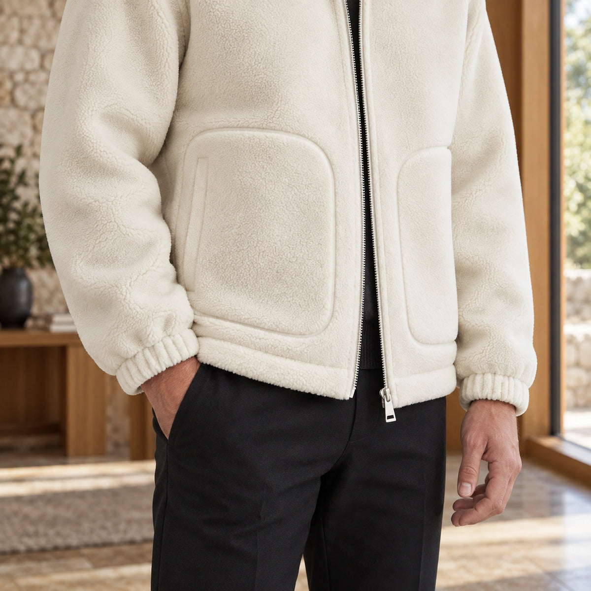 Alexander Beige fleece jacket patch pocket and elastic cuff detail while worn — view 6
