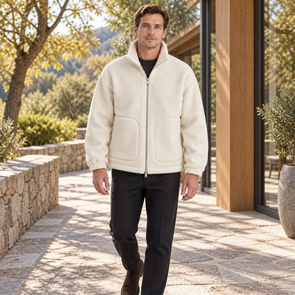 Alexander Beige fleece jacket styled on a model an outdoor autumn terrace — view 7