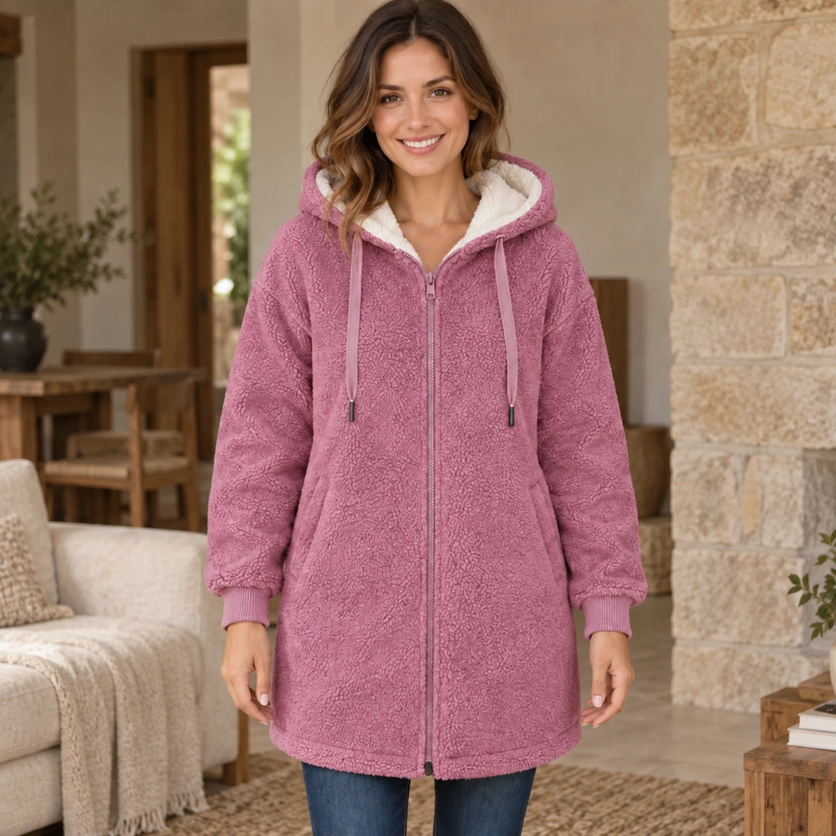fleece jacket — Audrey Pink complete front view, worn by a joyful smiling adult model age 29 in real setting
