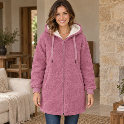 fleece jacket — Audrey Pink complete front view, worn by a joyful smiling adult model age 29 in real setting