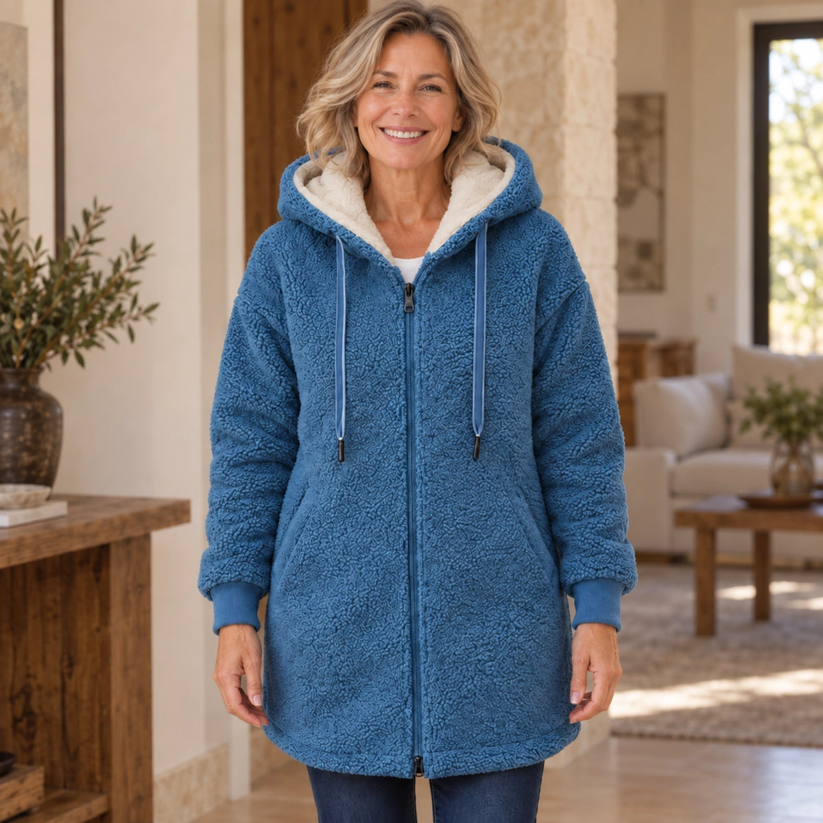 fleece jacket — Audrey Blue complete front view, worn by a joyful smiling adult model age 50 in real setting — view 2