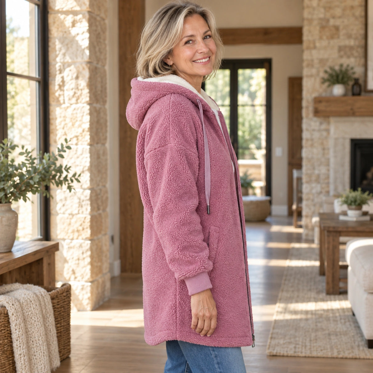 fleece jacket — Audrey Pink side worn by an adult model in a realistic setting, complete garment visible — view 4