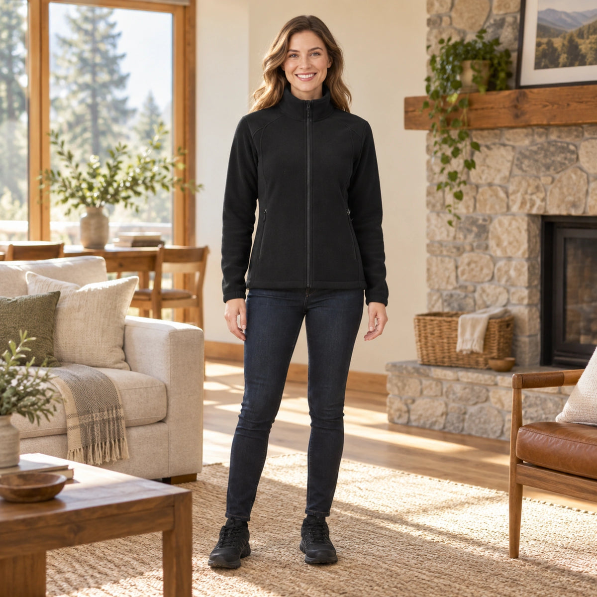 fleece jacket — Chloe Black front worn by an adult model in a realistic setting, complete garment visible