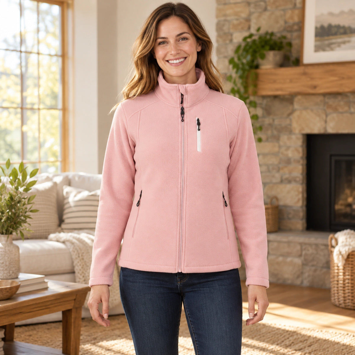 fleece jacket — Chloe Pink front worn by an adult model in a realistic setting, complete garment visible — view 4