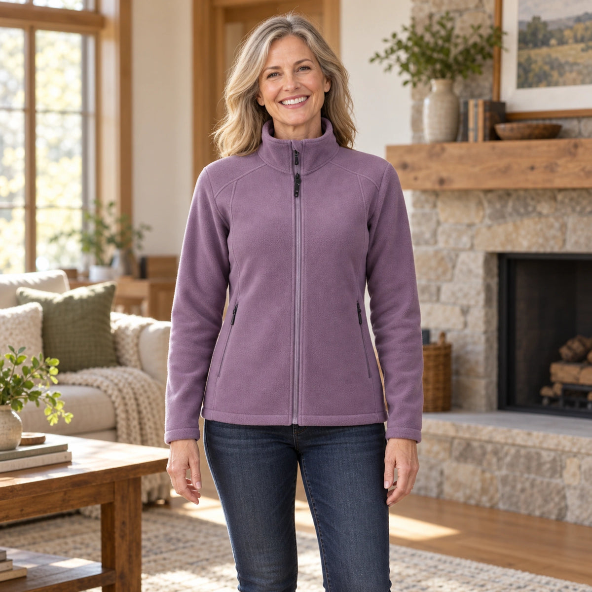 fleece jacket — Chloe Purple front worn by an adult model in a realistic setting, complete garment visible — view 5