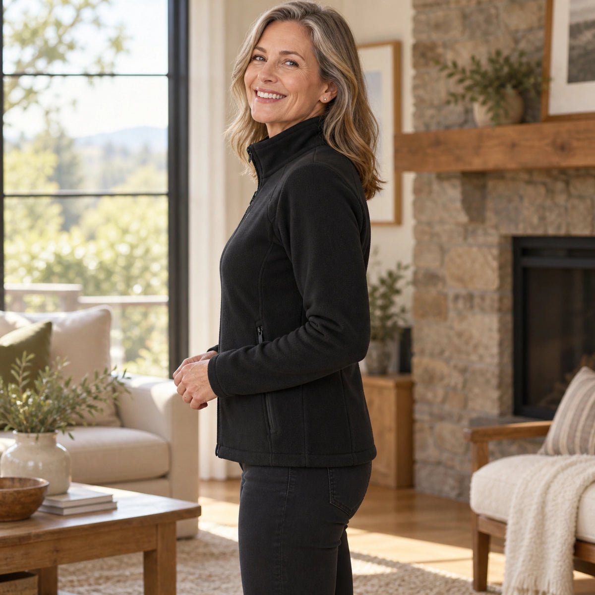fleece jacket — Chloe Black side worn by an adult model in a realistic setting, complete garment visible — view 6