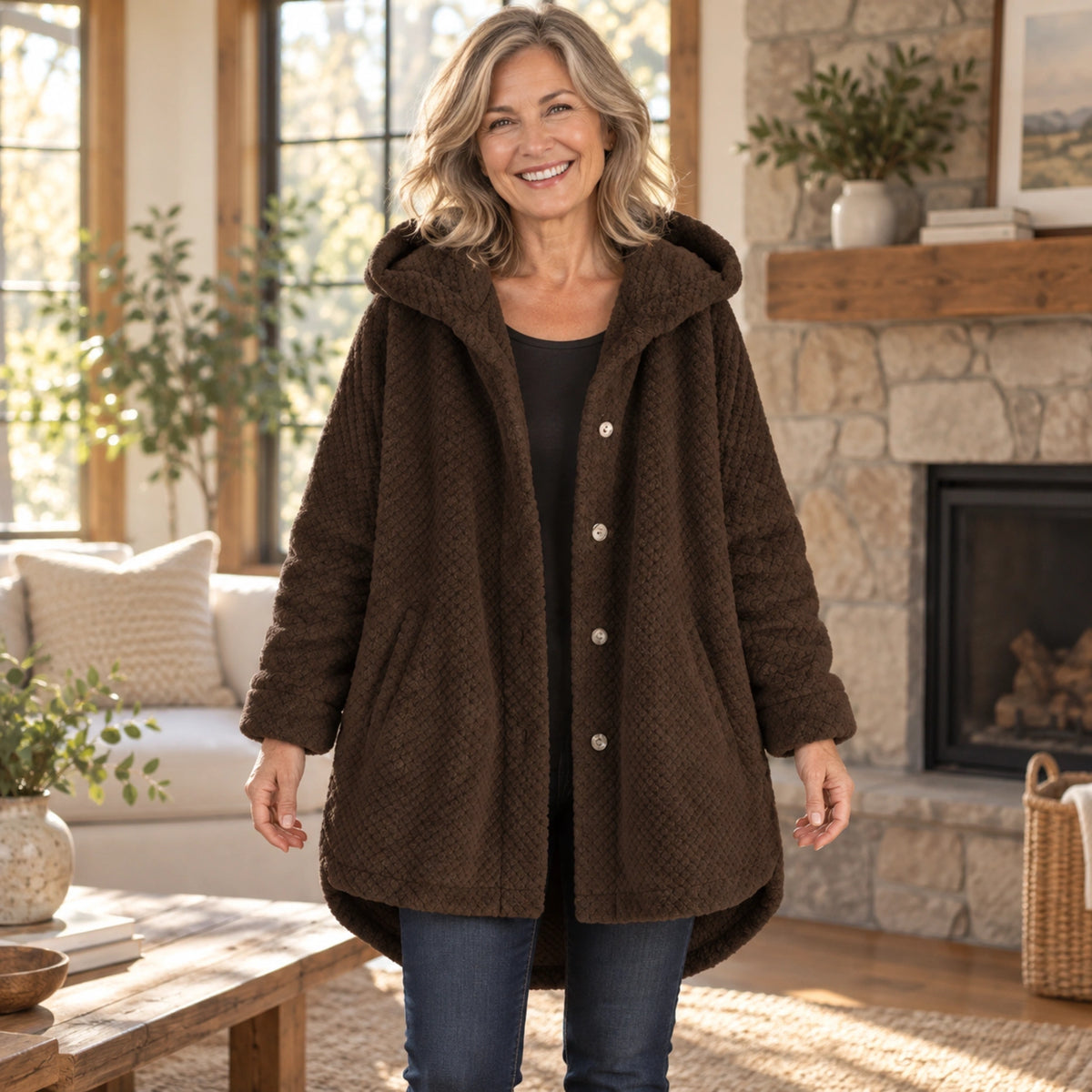 fleece jacket — Harper Dark Brown front worn by an adult model in a realistic setting, complete garment visible — view 2