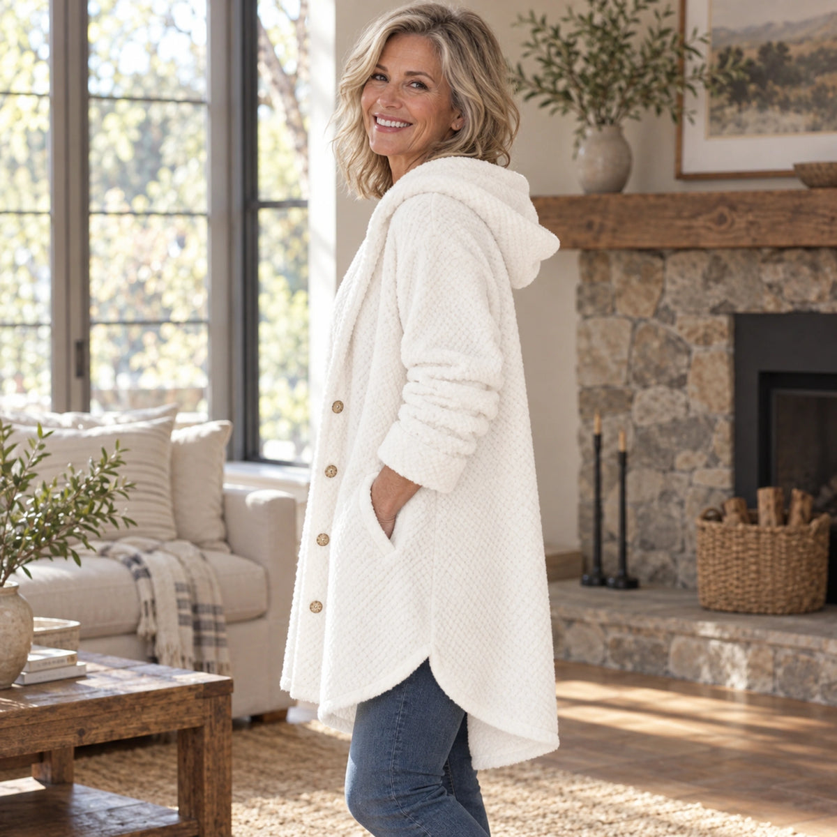 fleece jacket — Harper White side worn by an adult model in a realistic setting, complete garment visible — view 7