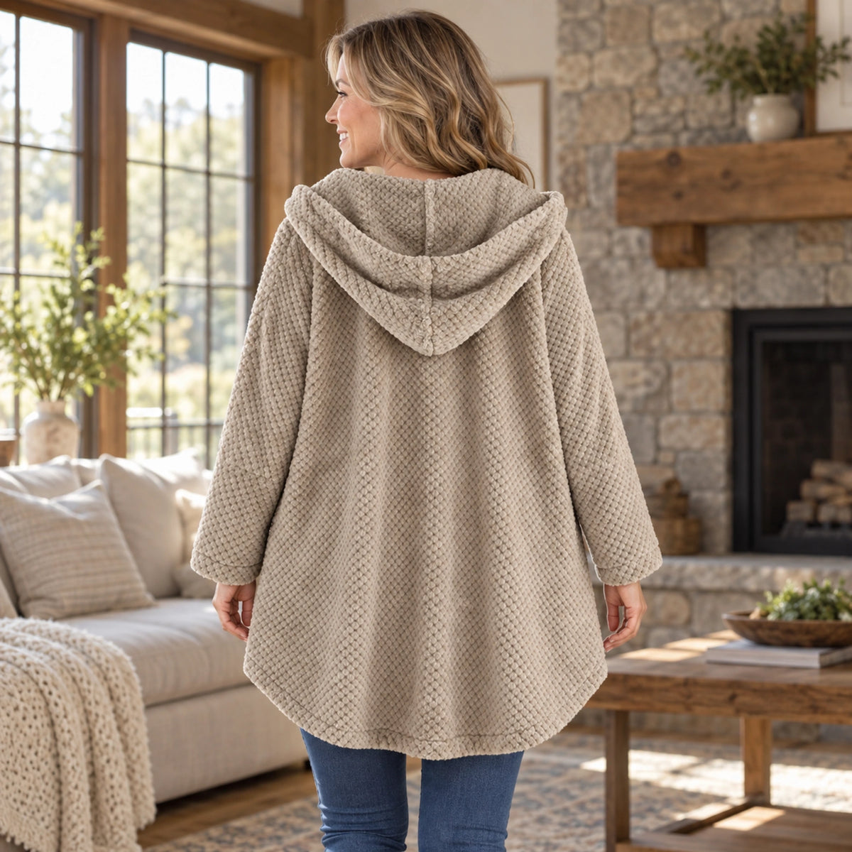 fleece jacket — Lily Beige back worn by an adult model in a realistic setting, complete garment visible — view 12