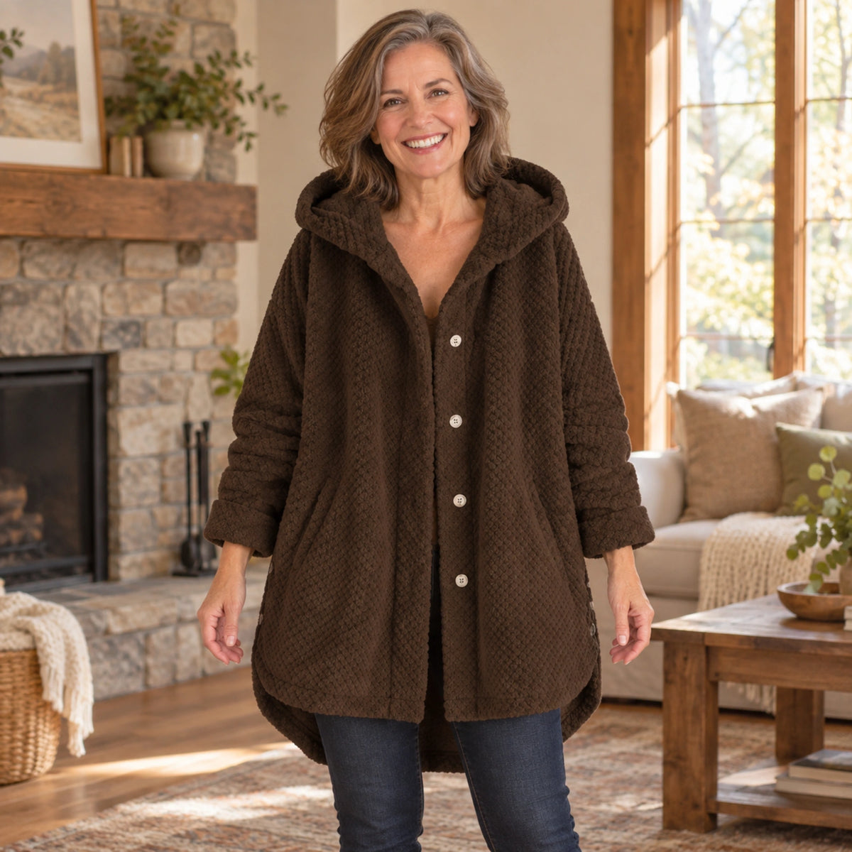 fleece jacket — Lily Brown front worn by an adult model in a realistic setting, complete garment visible — view 5