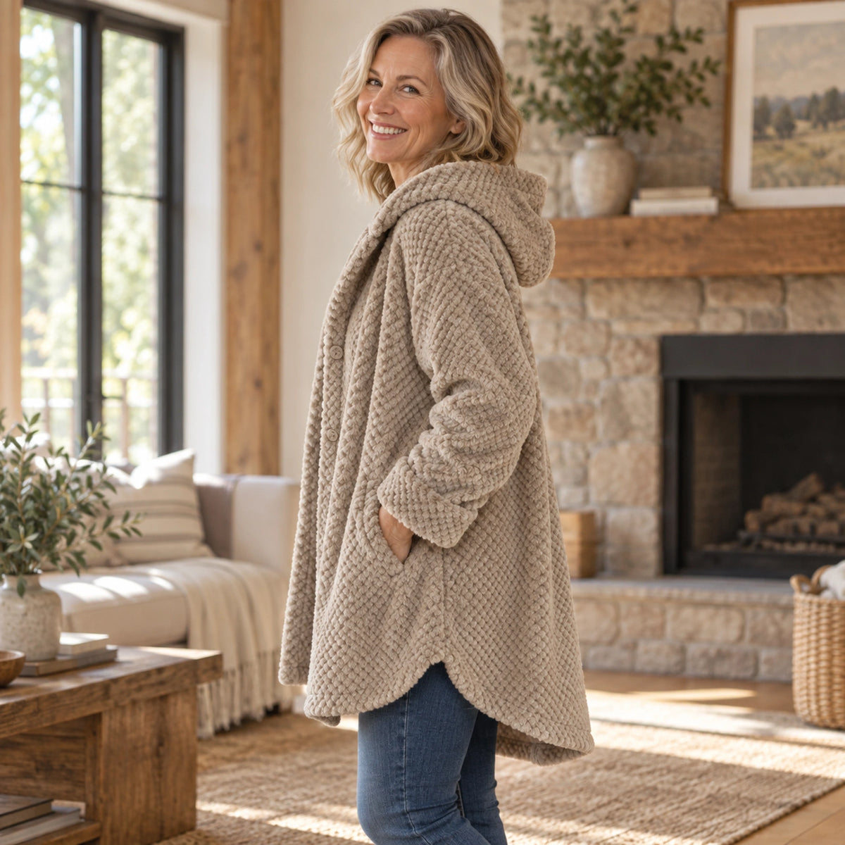 fleece jacket — Lily Beige side worn by an adult model in a realistic setting, complete garment visible — view 8