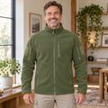 Lucas Multi Pocket Zip Fleece Jacket Green front worn by an adult model in a realistic setting, complete garment visible
