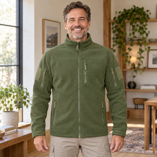 Lucas Multi Pocket Zip Fleece Jacket Green front worn by an adult model in a realistic setting, complete garment visible