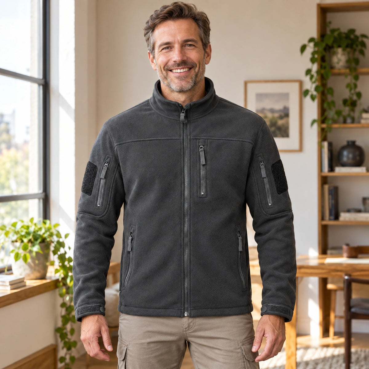 Lucas Multi Pocket Zip Fleece Jacket Dark Gray front worn by an adult model in a realistic setting, complete garment — view 3