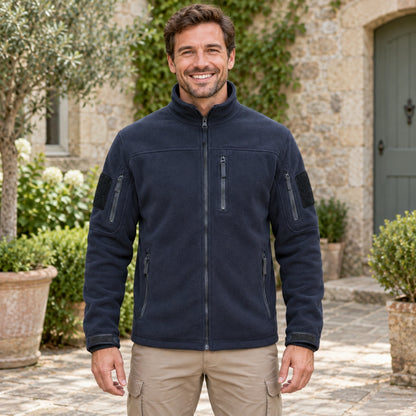 Lucas Multi Pocket Zip Fleece Jacket Dark Blue front worn by an adult model in a realistic setting, complete garment — view 4