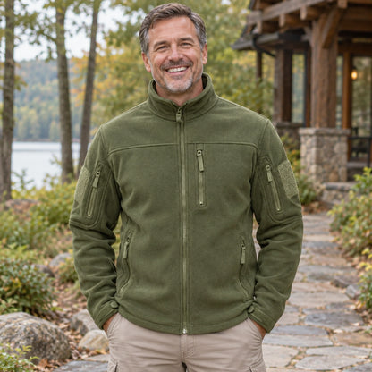 Lucas Multi Pocket Zip Fleece Jacket Green neckline support worn by an adult model in a realistic setting, complete — view 7
